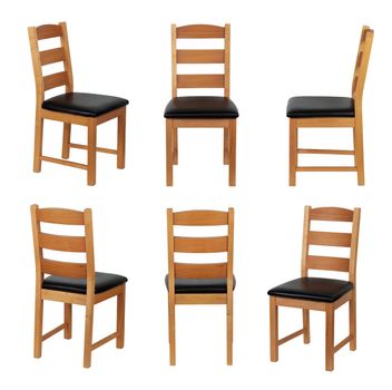 Dining chairs. Six angles of wooden dining chairs on white with clipping path