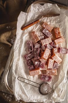 Homemade fruit marmalade in sugar. Top view. Still life