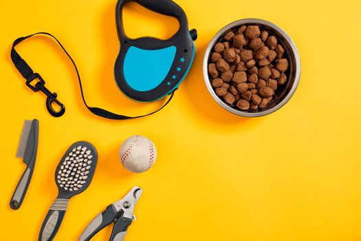 Dog accessories on yellow background. Top view. Pets and animals concept. Still life. Copy space. Flat lay