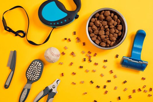 Dog accessories on yellow background. Top view. Pets and animals concept. Still life. Copy space. Flat lay