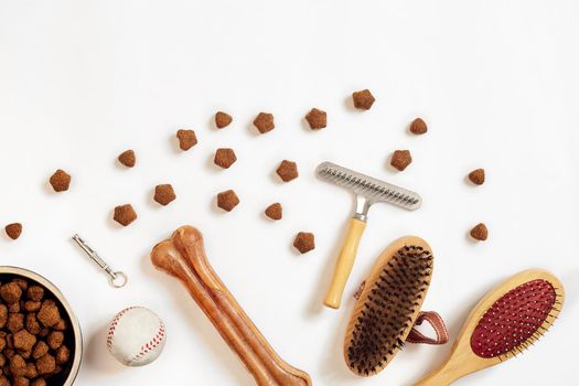 Bowl with food, combs and brushes for dogs. Isolated on white background. Top view. Copy space. Still life. Flat lay.