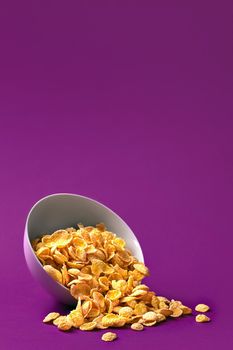 Bowl with cornflakes on the colorful background. Purple background. Copy space. Still life. Flat lay