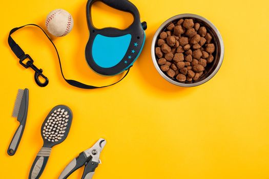 Dog accessories on yellow background. Top view. Pets and animals concept. Still life. Copy space. Flat lay