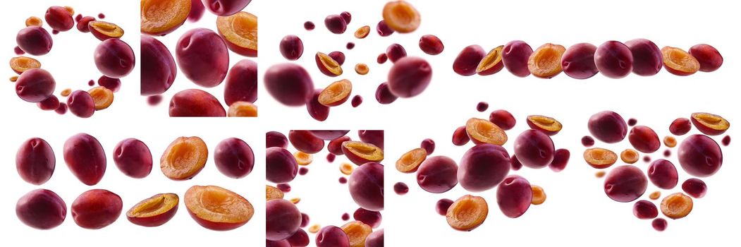 A set of photos. Red plums levitate on a white background.