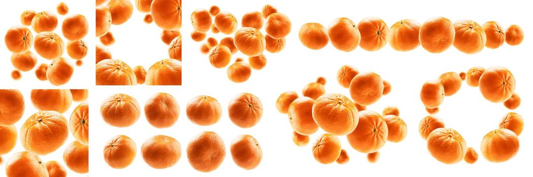 A set of photos. Orange tangerines levitate on a white background.