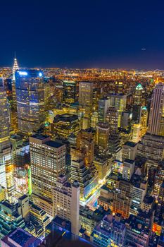 Night view of downtown seen from top of the rock (Rockfeller Center Observatory). Shooting Location: New York, Manhattan