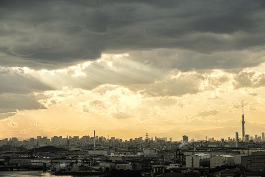 Tokyo Sky Tree, which is wrapped at dusk, and Tokyo cityscape. Shooting Location: Tokyo metropolitan area