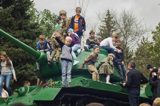 PYATIGORSK, RUSSIA - MAY 09, 2017: Monument of Soviet Russian tank with children on the holiday of May 9