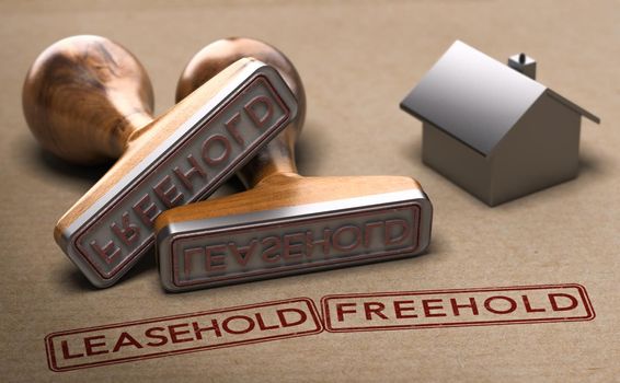 Two words, leasehold and freehold printed on a brown paper with two rubber stamps. 3d illustration.