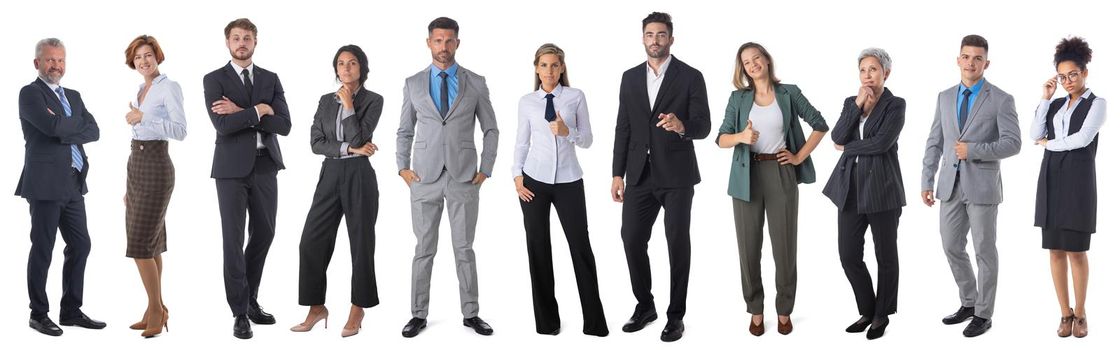 Collage set of multi racial group of business people full body portraits isolated on white background