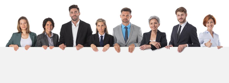 Business team with blank banner isolated over a white background, copy space for text content