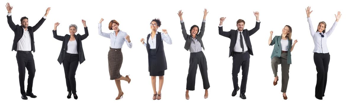 Happy Multi-racial Group Of Business People Raising Arms Isolated Over White Background