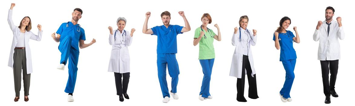 Set of full length portrait of happy medical doctors cheering with raised hands and holding fists, design elements isolated on white background