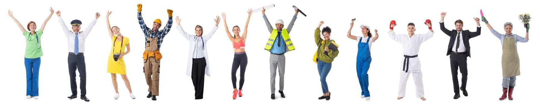 Set collage of professional workers isolated on white background, full length portrait, arms raised, success hr concept
