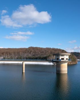 Panoramic image of Dhunn water reservoir during winter, Bergisches Land, Germany