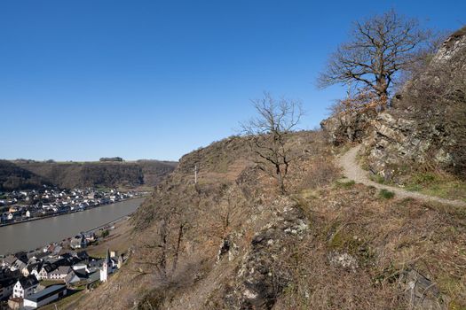 Panoramic landscape with hiking trail and the village Alken, Moselle, Germany