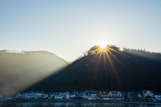 Panoramic landscape of the village Brodenbach at sunrise, Moselle, Germany