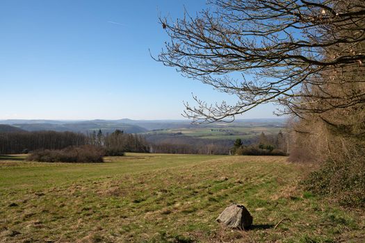 Idyllic panoramic landscape along the Eifel hiking trails close to the Moselle river, Alken, Germany