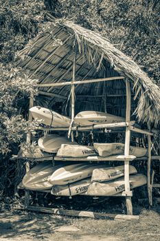 Muyil Mexico 02. February 2022 Old black and white picture of canoes at Muyil Lagoon in the tropical jungle nature forest in Sian Ka'an National park Muyil Chunyaxche Quintana Roo Mexico.