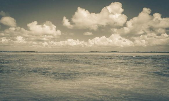 Old black and white picture of the natural panorama view to the Muyil Lagoon in tropical jungle nature forest in Sian Ka'an National park Muyil Chunyaxche Quintana Roo Mexico.