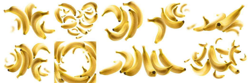A set of photos. Yellow bananas levitate on a white background.