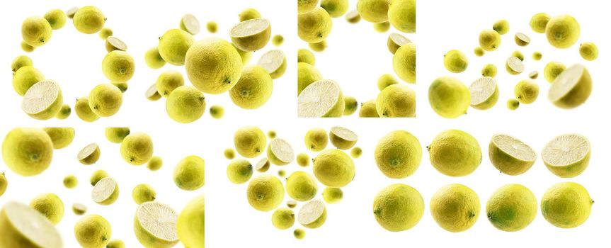 A set of photos. Yellow limes levitate on a white background.