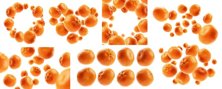 A set of photos. Whole oranges levitate on a white background.