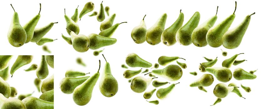 A set of photos. Green pears levitate on a white background.