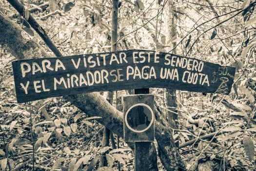 Muyil Mexico 02. February 2022 Old black and white picture of an information entrance walking trails and welcome sing board to Chechen Sian Ka'an National Park in Muyil Chunyaxche Quintana Roo Mexico.