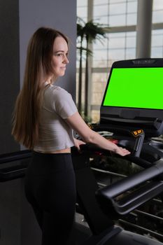 Indoors woman treadmill length young profile full running people, for workout attractive in caucasian for machine gym, muscles beautiful. Jogging legs home,
