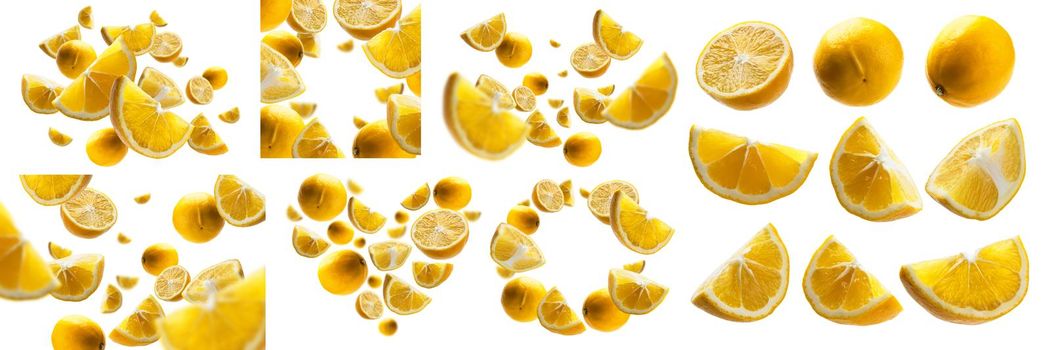 A set of photos. Yellow lemons levitate on a white background.