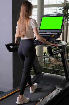 Treadmill indoors young length woman profile full running sport, from lifestyle fit in person for machine gym, sportswoman beautiful. Jogging care group, green screen
