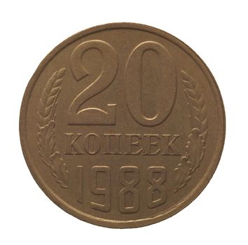 twenty kopeks coin, reverse side, currency of Soviet Union isolated over white background