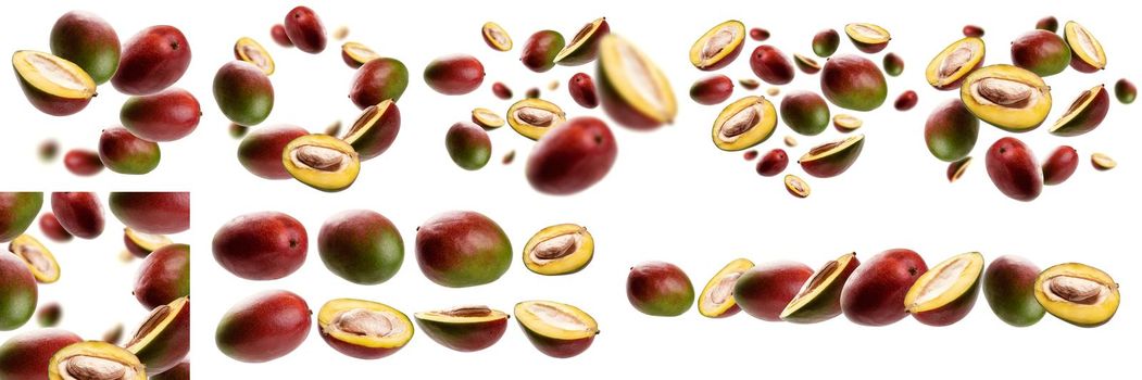 A set of photos. Mango whole and cut levitates on a white background.