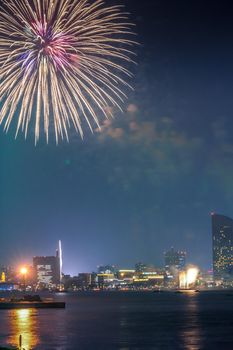Night view of fireworks and Yokohama Minato Mirai. Shooting Location: Yokohama-city kanagawa prefecture