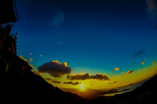 Sunset view seen from Taiwan Jiuzhai. Shooting Location: Taiwan, Taipei