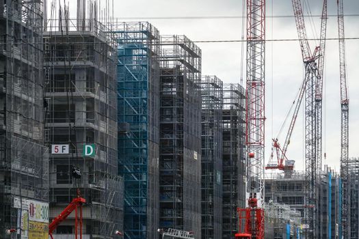 Construction landscape of Harumi wharf (Olympic player village). Shooting Location: Tokyo metropolitan area