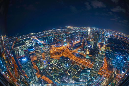 Night view of Dubai seen from the observation deck of Burj Huji. Shooting Location: Dubai
