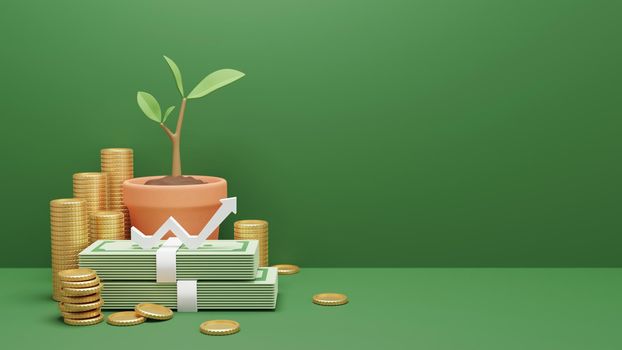 Money and tree in flower pot on green background with copy space Saving concept 3D render