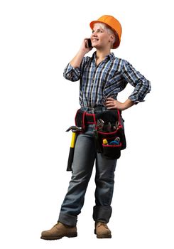 Attractive blonde woman in workwear and hardhat talking on smartphone. Young engineer in checkered blue shirt and jeans isolated on white background. Business communication and conversation.