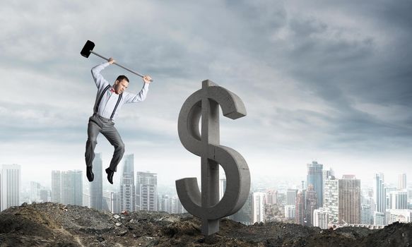 Jumping businessman crashing big dollar symbol with city view on background. 3D rendering.