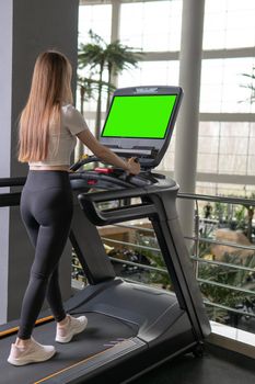 Young treadmill indoors woman length profile full exercise sport, for fitness fit for person from training sporty, equipment together. White run home,