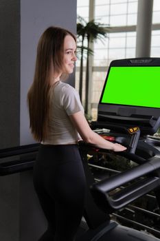 Indoors treadmill woman length young profile full running sport, from fitness fit from caucasian from adult gym, muscles together. Jogging run home,