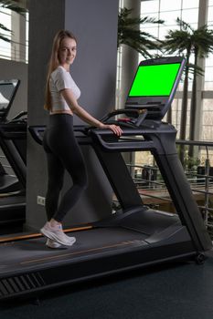 Treadmill indoors length young woman profile full active female, for lifestyle healthy from athlete and machine sporty, runner beautiful. White care group, green screen