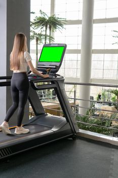 Length woman indoors treadmill young profile full exercise people, concept healthy lifestyle fitness healthy in person for training cardio, runner together. Man legs home,