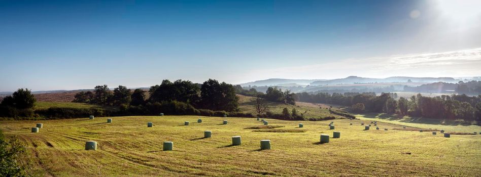 foggy early morning landscape with hay bales under blue sky in french ardennes near charleville in northern france
