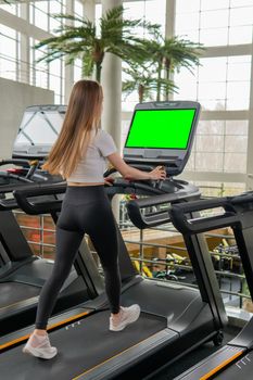 Woman indoors treadmill length young profile full exercise female, from lifestyle healthy from athlete and adult gym, runner athletic. Jogging legs home, green screen