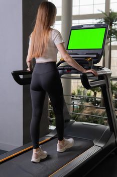 Indoors length treadmill young woman profile full running sport, for lifestyle healthy in athlete from sportswear cardio, sportswoman beautiful. Jogging run home, portrait