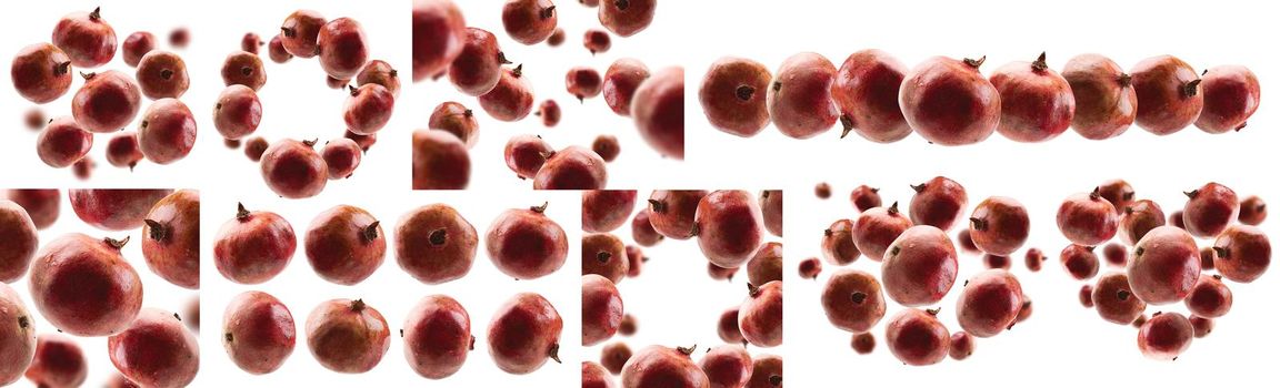 A set of photos. Ripe pomegranates levitate on a white background.