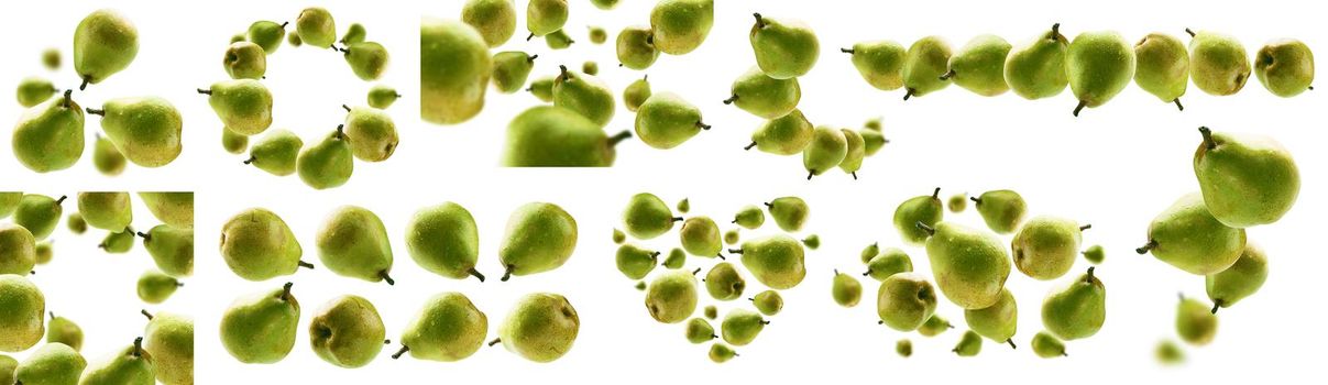 A set of photos. Green pears levitate on a white background.